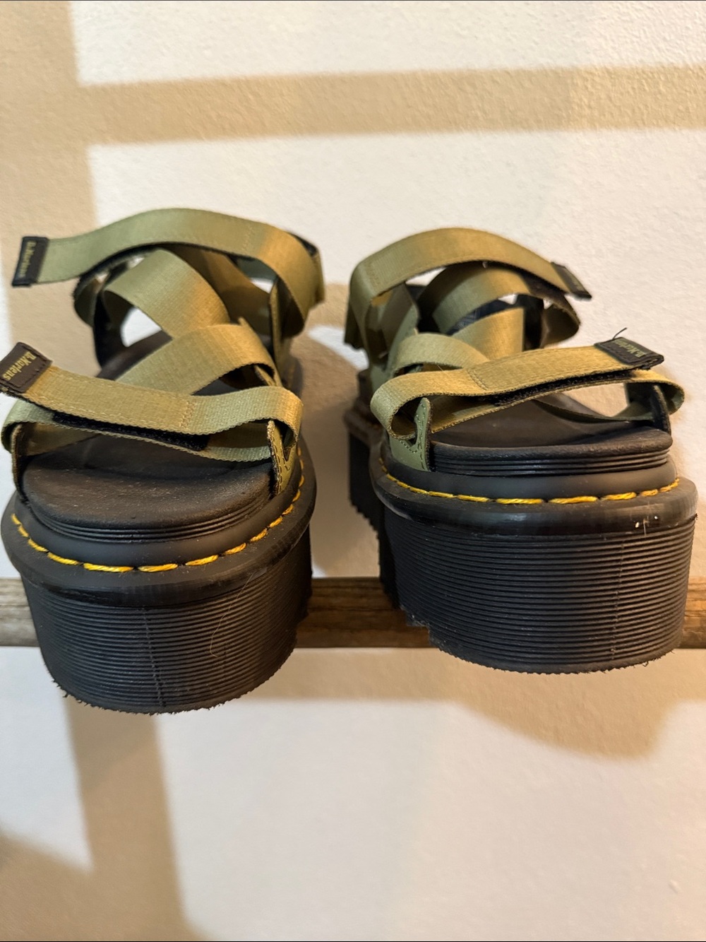 Dr. Martens Olive Strappy Platform Sandals with Yellow Stitching - Picture 11 of 12